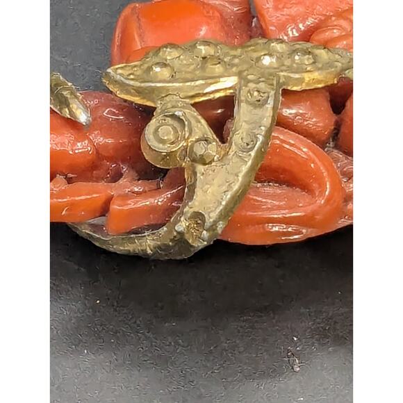 Antique Gold Tone Red Carved Celluloid Flower Brooch Pin - Picture 8 of 11